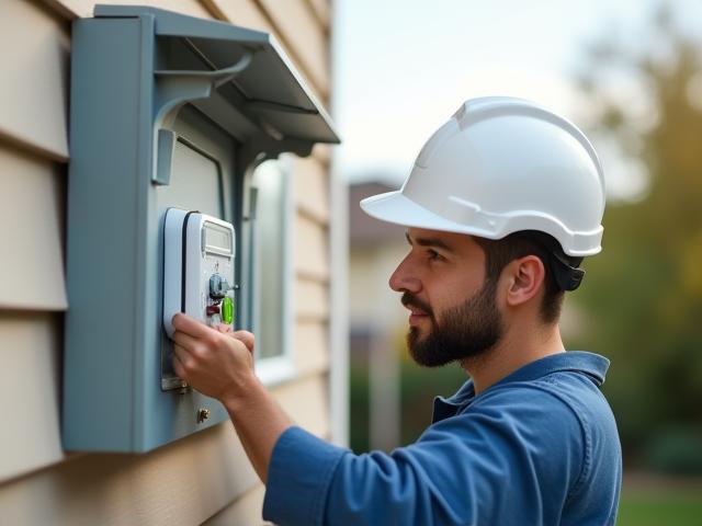Smart meter installation on residential property by technician